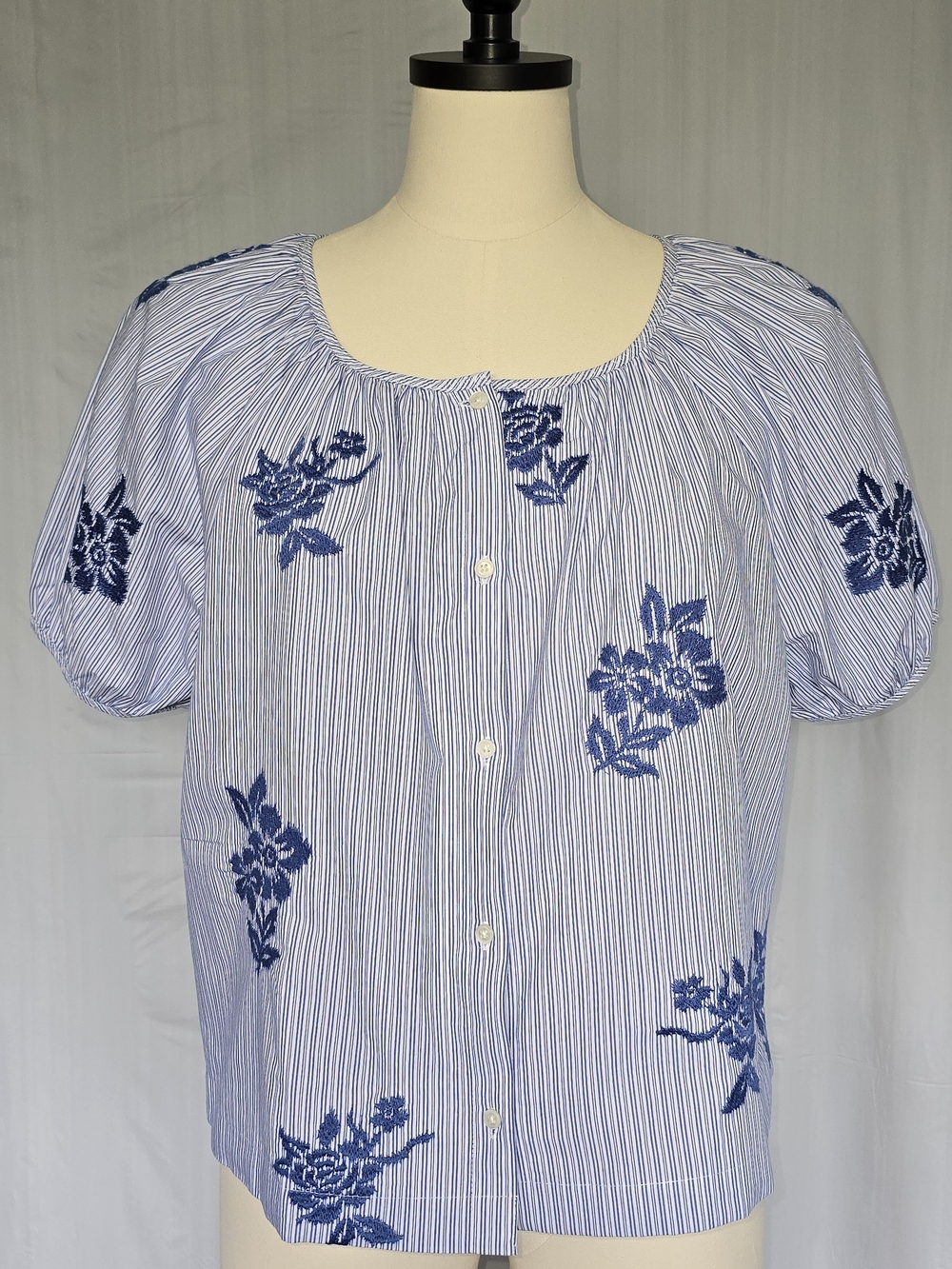 J.Crew Women's Puff-Sleeve Button-Up Top Embroidered Floral Stripe Blue White M